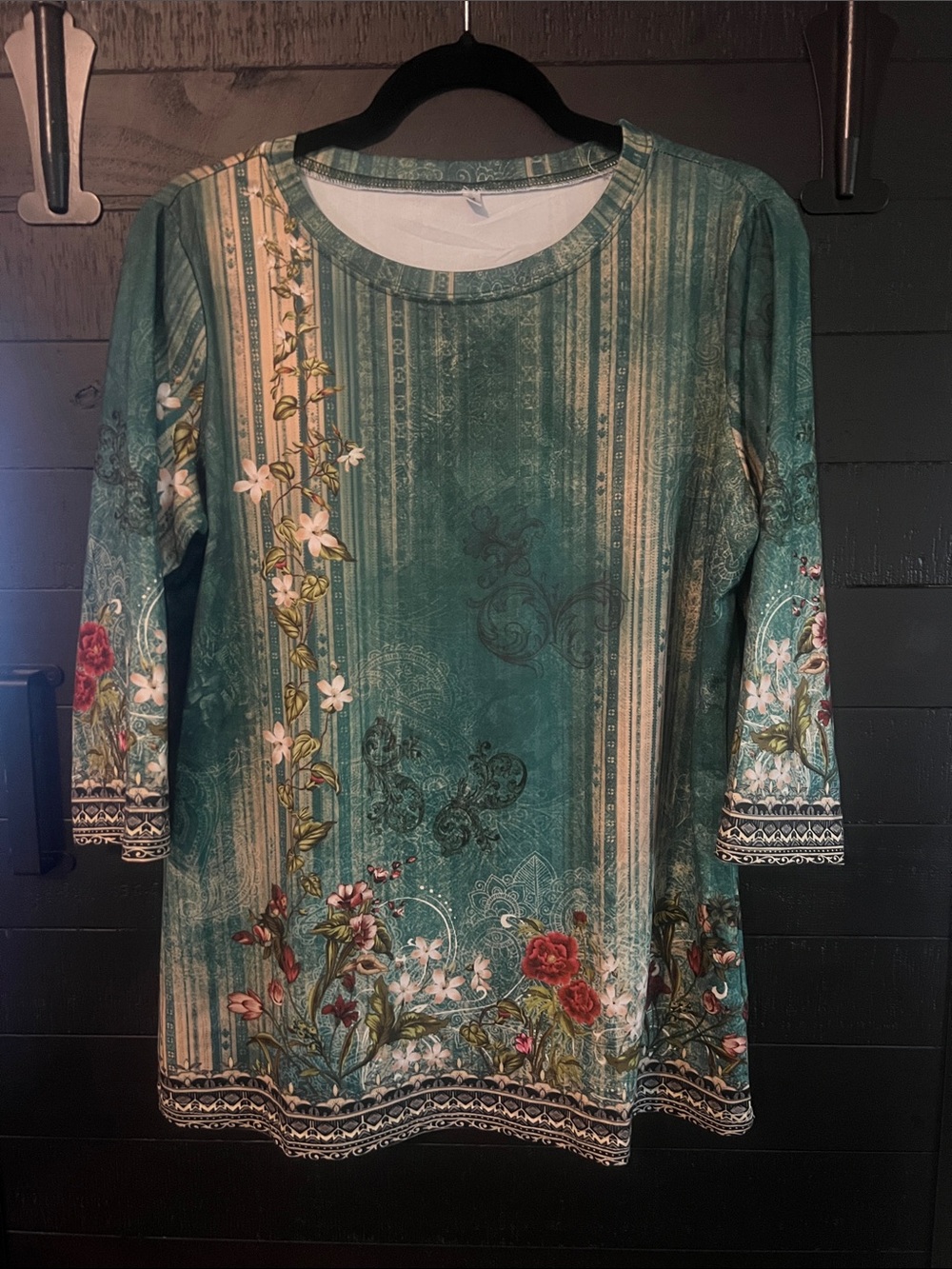 Teal Floral-Print Long Sleeve Women's Top